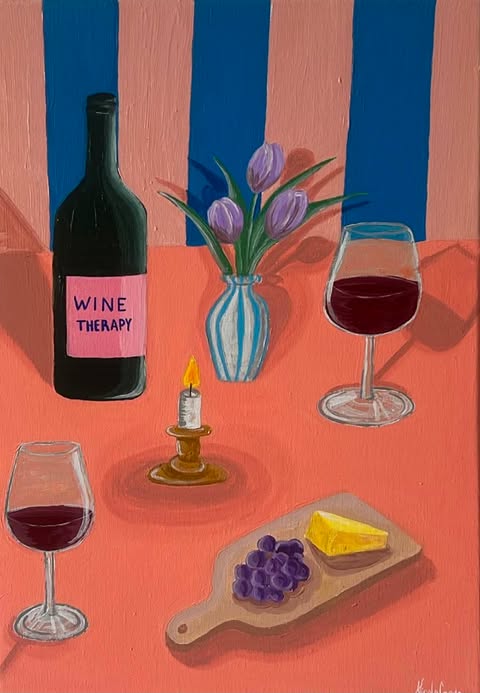 Maleri af en vinflaske, tulipaner, to glas vin og et lille ostebord i klare farver.